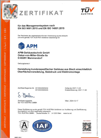 APM Gehäusetechnik ISO Zertifikat TÜV Austria